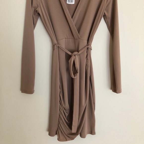 Tan long sleeved mock wrap dress - Picture 6 of 6